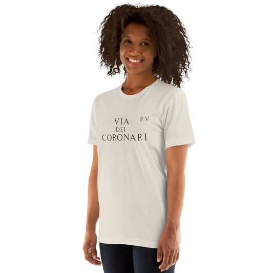 via-dei-coronari-unisex-t-shirt-front-view-on-model
