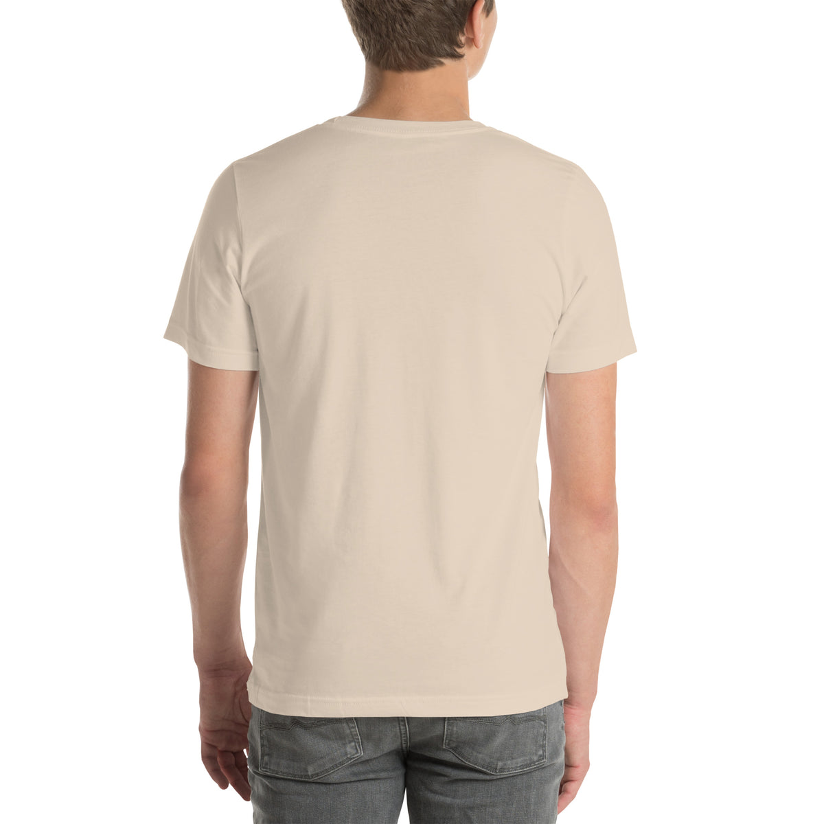 Person wearing a beige t-shirt with a logo on the back against a white background