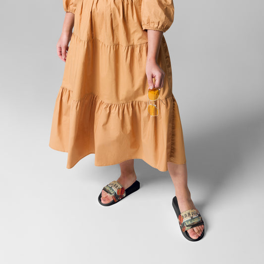 Flo 39 San Marco slide sandals featuring a Venice scene on model