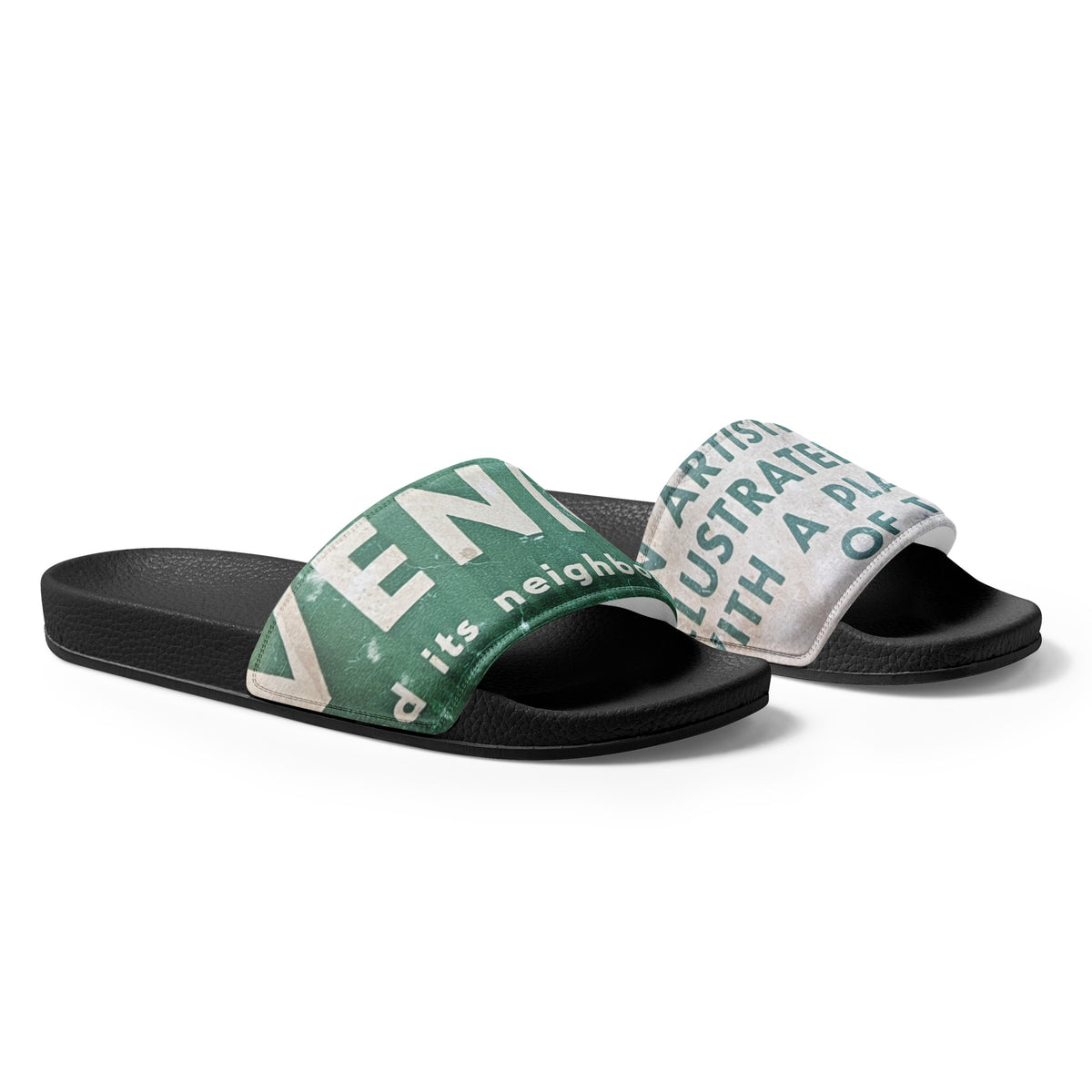 Flo 39 Venice Big Type green and white women's slide sandals, right side view