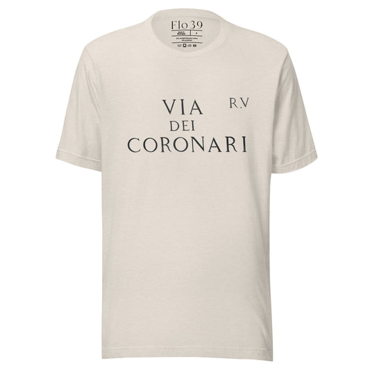 via-dei-coronari-unisex-t-shirt-front-view