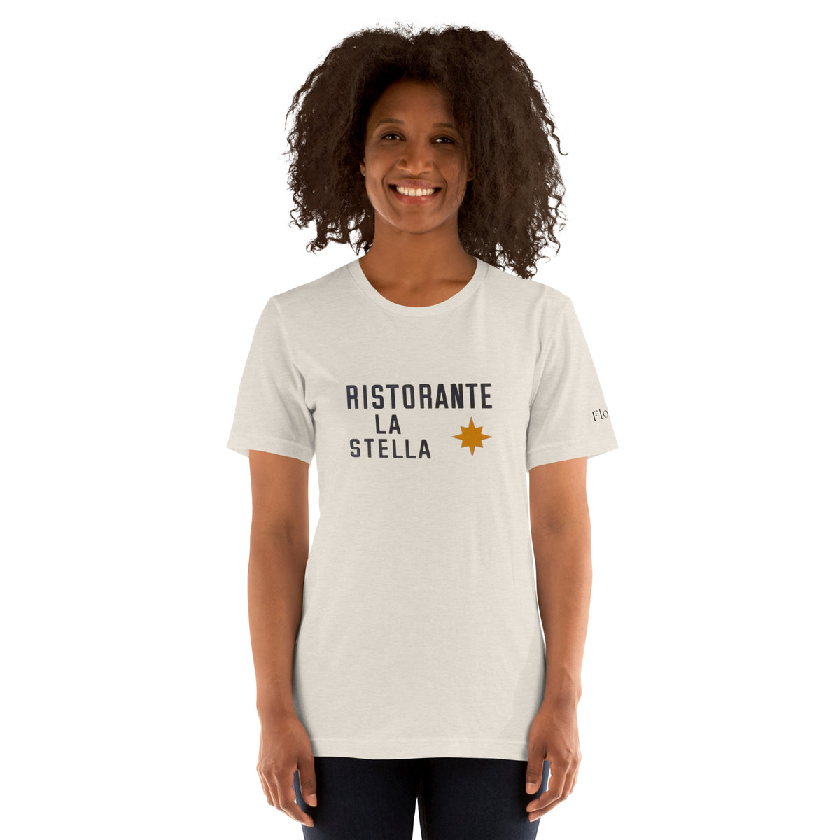 light beige crewneck tshirt ristorante la stella front view on model