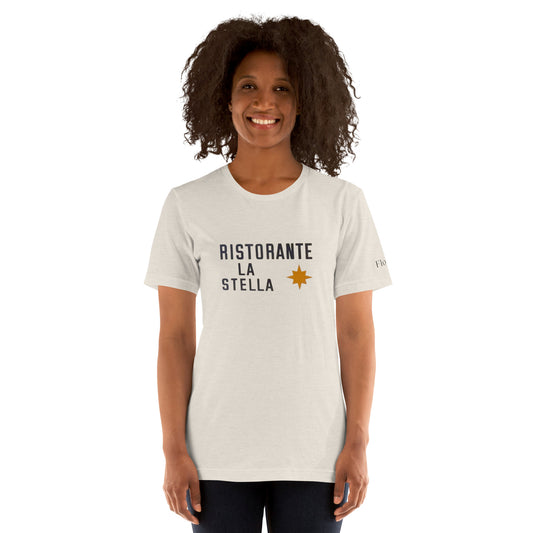 light beige crewneck tshirt ristorante la stella front view on model