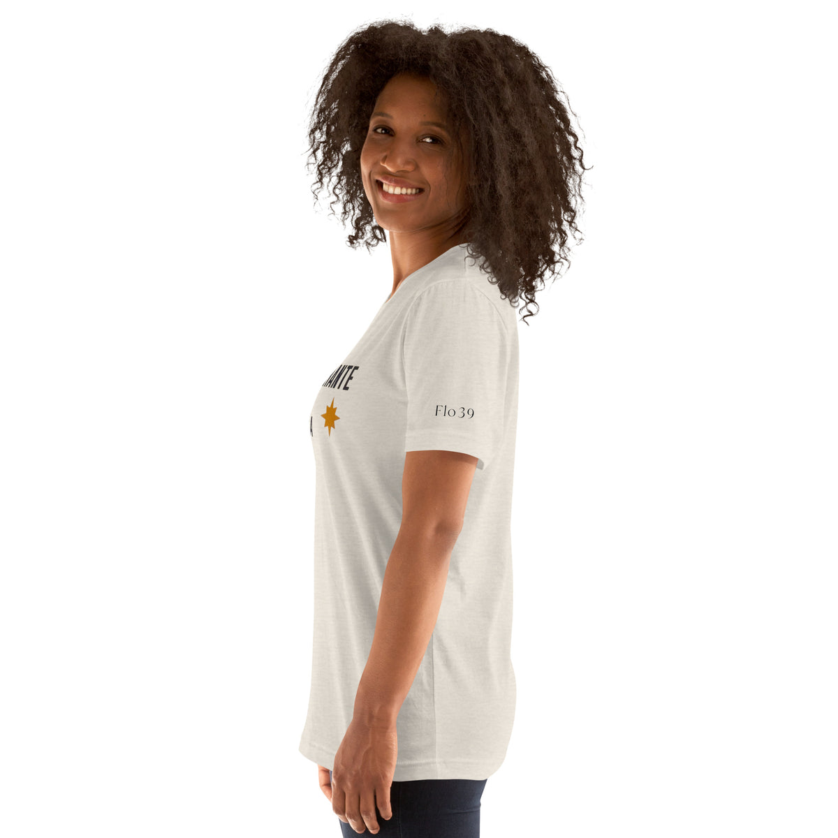 beige unisex risotrante la stella t-shirt with logos on model side view