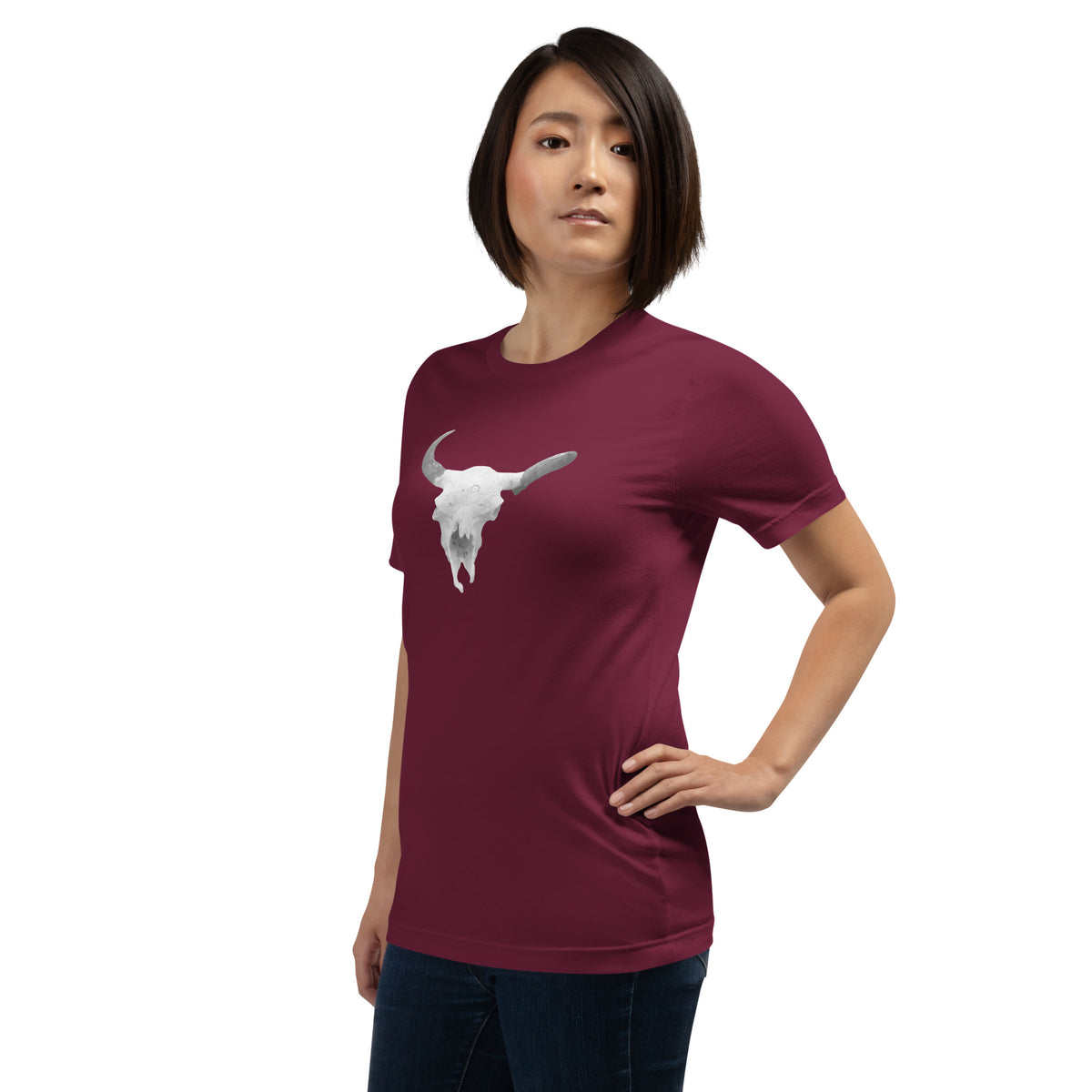 Flo 39 Cody Steer Skull unisex T-shirt in bordeaux model front view