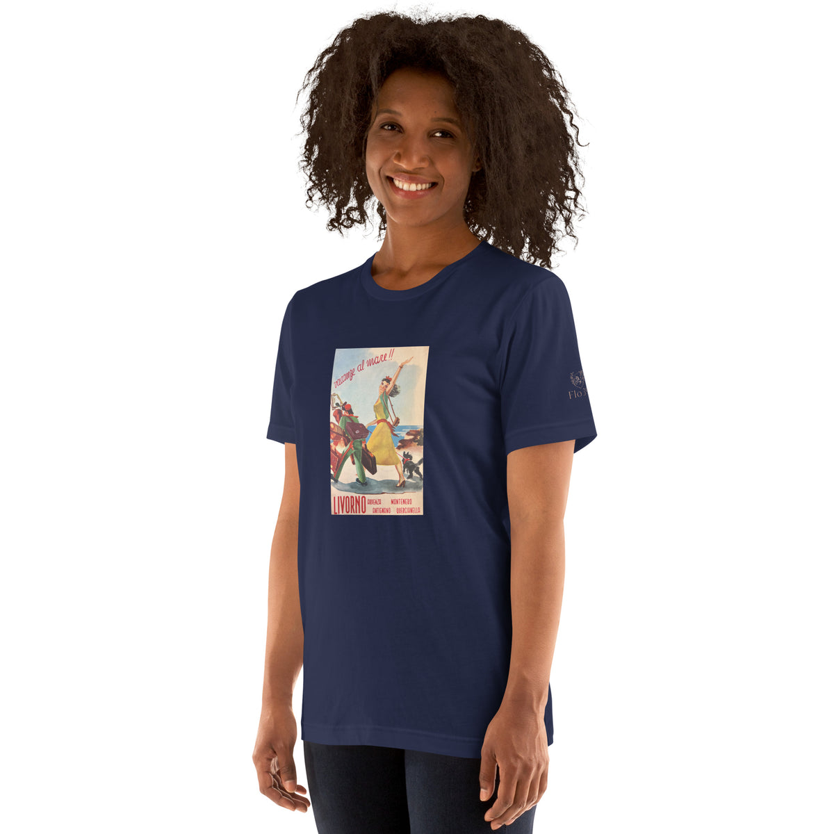 Livorno-unisex-tshirt-navy-left-front-view-on-model