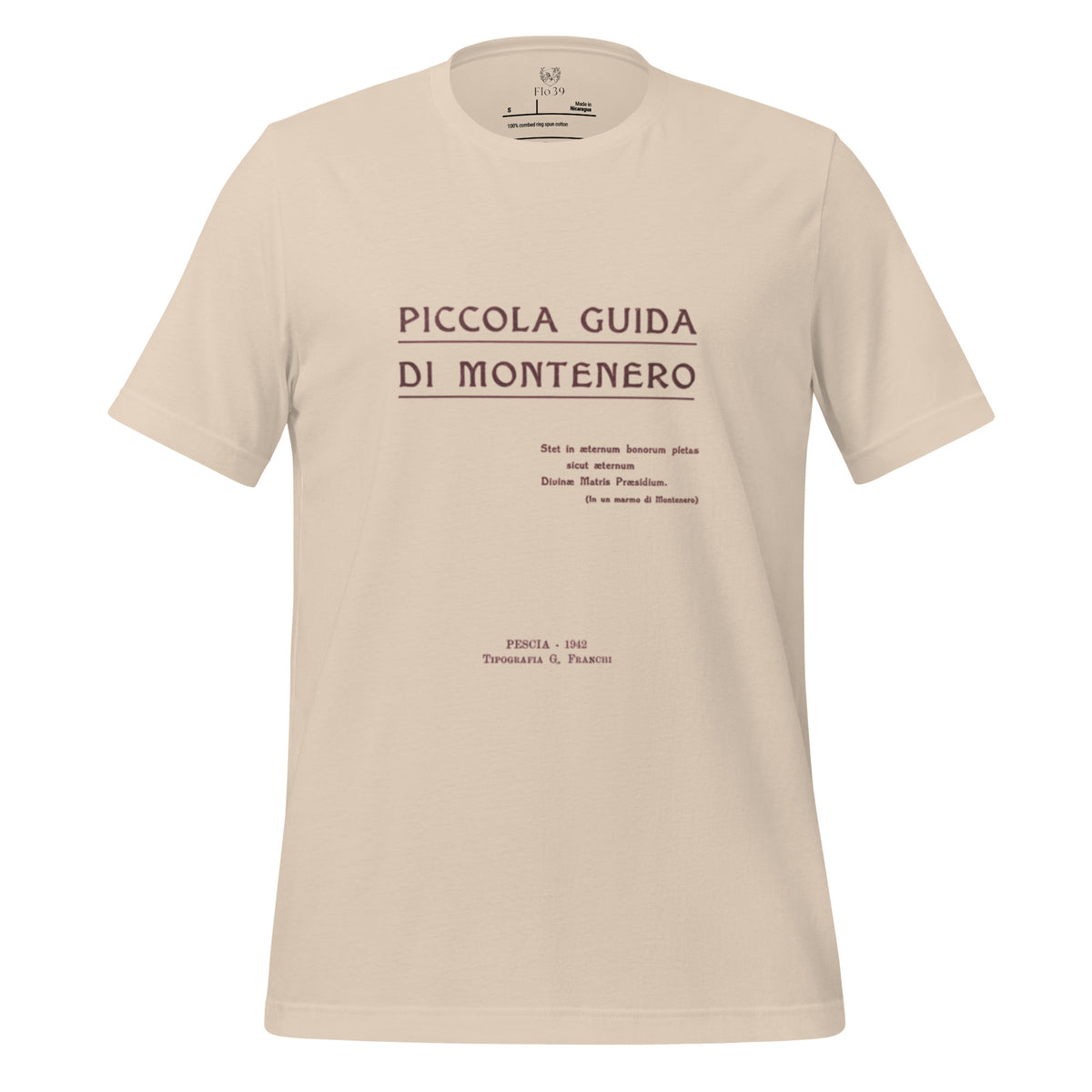 A beige short-sleeve crewneck t-shirt with a vintage-style printed map graphic on the chest reading 'PICCOLA GUIDA DI MONTENERO'.