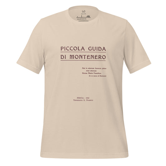 A beige short-sleeve crewneck t-shirt with a vintage-style printed map graphic on the chest reading 'PICCOLA GUIDA DI MONTENERO'.