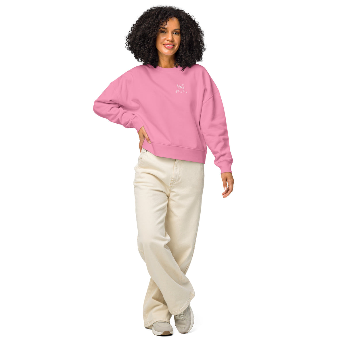 unicorn-flo39-logo-womens-organic-crew-neck-front-view-on-model