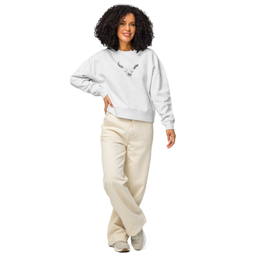 womens-organic-crew-neck-cody-steer-skull-front- view-on-model