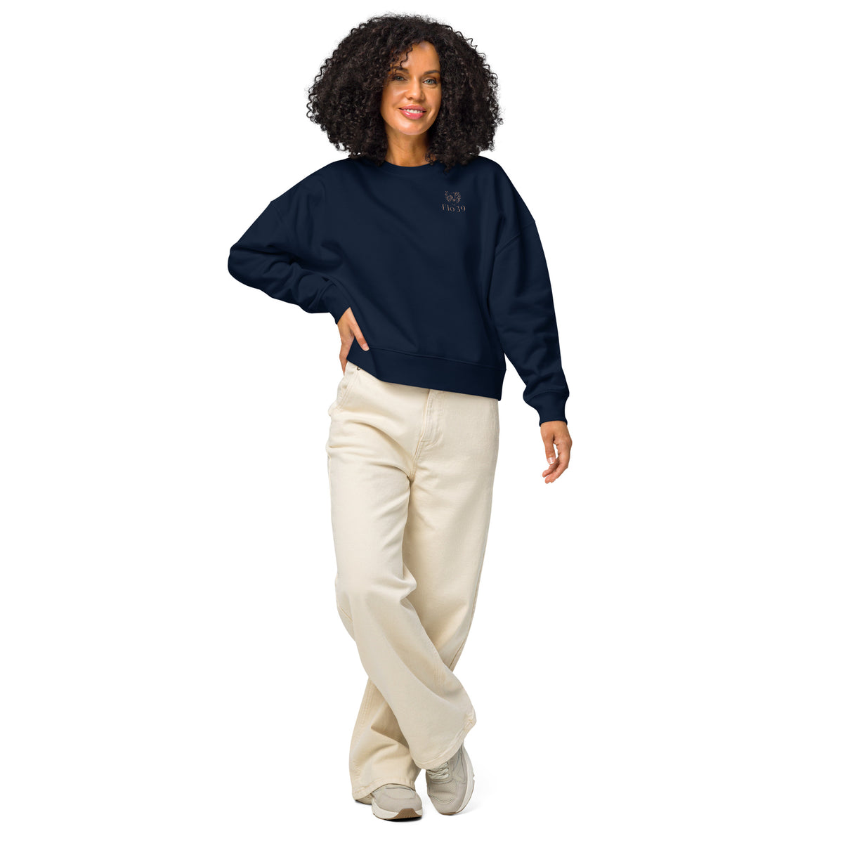 Flo 39 Florence Gabriel Wings sweater in navy front view on model