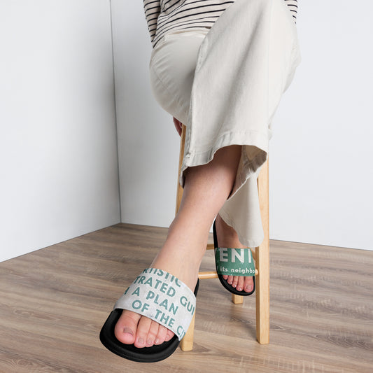 Flo 39 Venice Big Type green and white women's slide sandals, front view on model