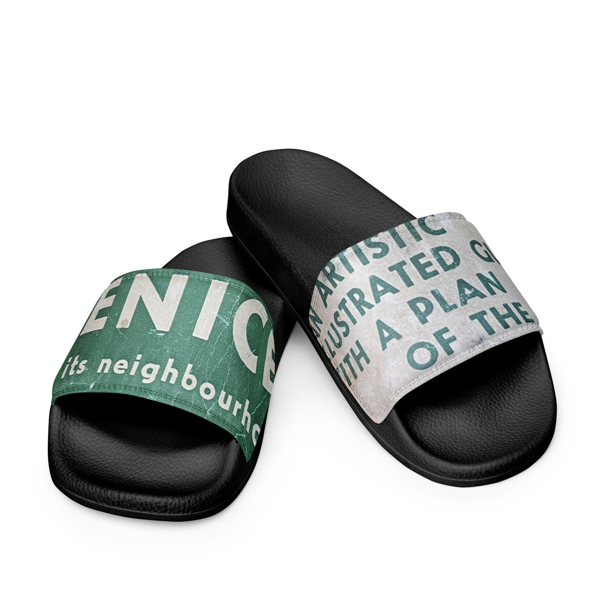 Flo 39 Venice Big Type green and white women's slide sandals, heels crossed front view