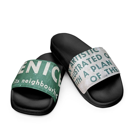 Flo 39 Venice Big Type green and white women's slide sandals, heels crossed front view