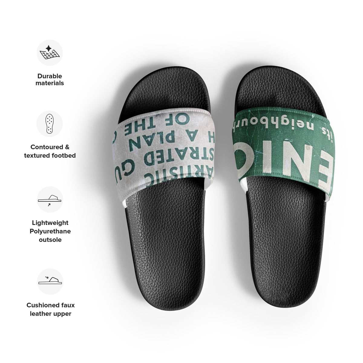 Flo 39 Venice Big Type green and white women's slide sandals, front view with product specs