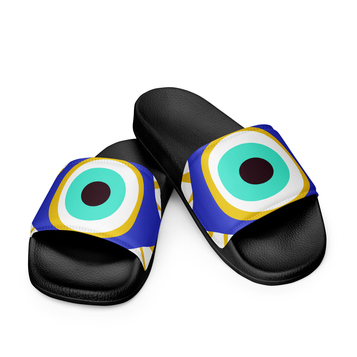 Flo 39 Greek Evil Eye women's slide sandals, front heels together view