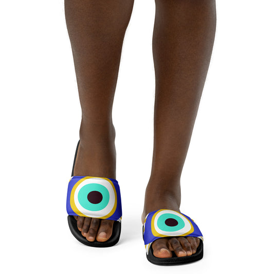 Flo 39 Greek Evil Eye women's slide sandals, front view on model