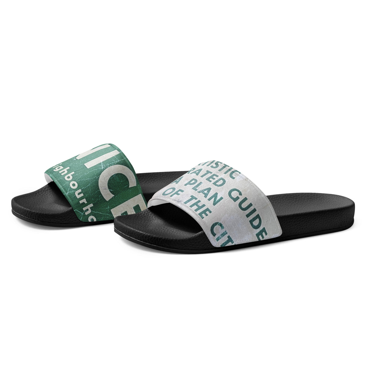 Flo 39 Venice Big Type green and white women's slide sandals, left side view