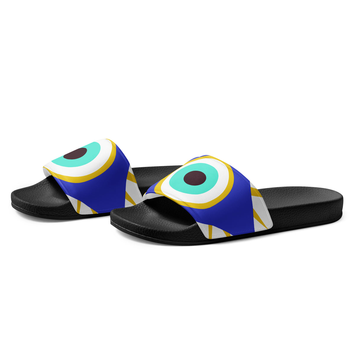 Flo 39 Greek Evil Eye women's slide sandals, side view from left